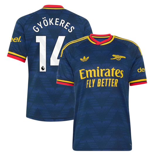 Arsenal 2026/27 away replica jersey front and back combined view with Viktor Gyökeres 9 on back, navy design with red and white accents on front