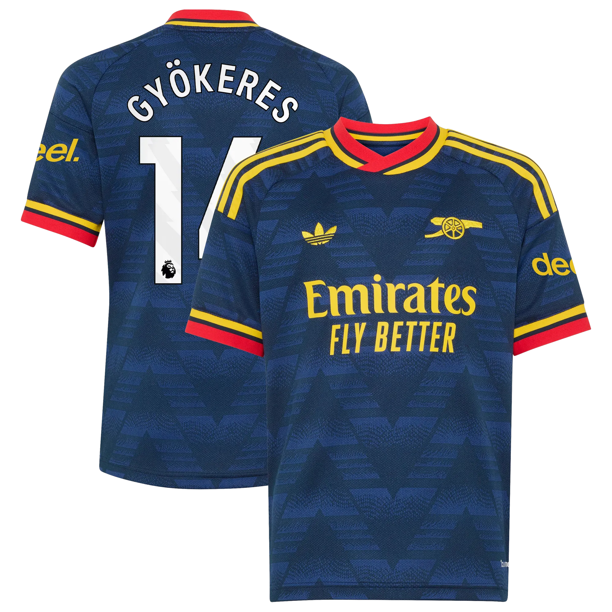 Front and back view of youth Arsenal 2026-2027 away navy stadium replica jersey featuring Viktor Gyökeres by Final Third Kit