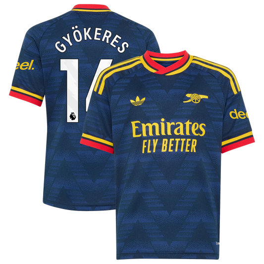 Front and back view of youth Arsenal 2026-2027 away navy stadium replica jersey featuring Viktor Gyökeres by Final Third Kit