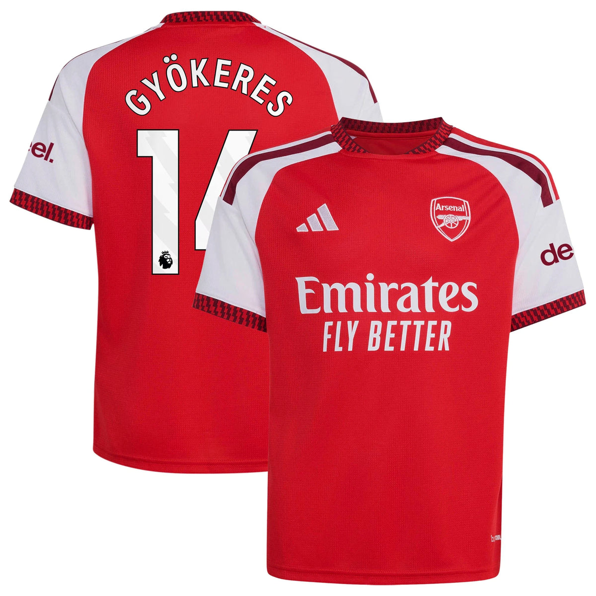 Front and back view of youth Arsenal 2026-2027 home red stadium replica jersey featuring Viktor Gyökeres by Final Third Kit