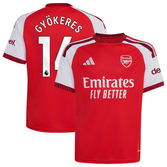 Front and back view of youth Arsenal 2026-2027 home red stadium replica jersey featuring Viktor Gyökeres by Final Third Kit