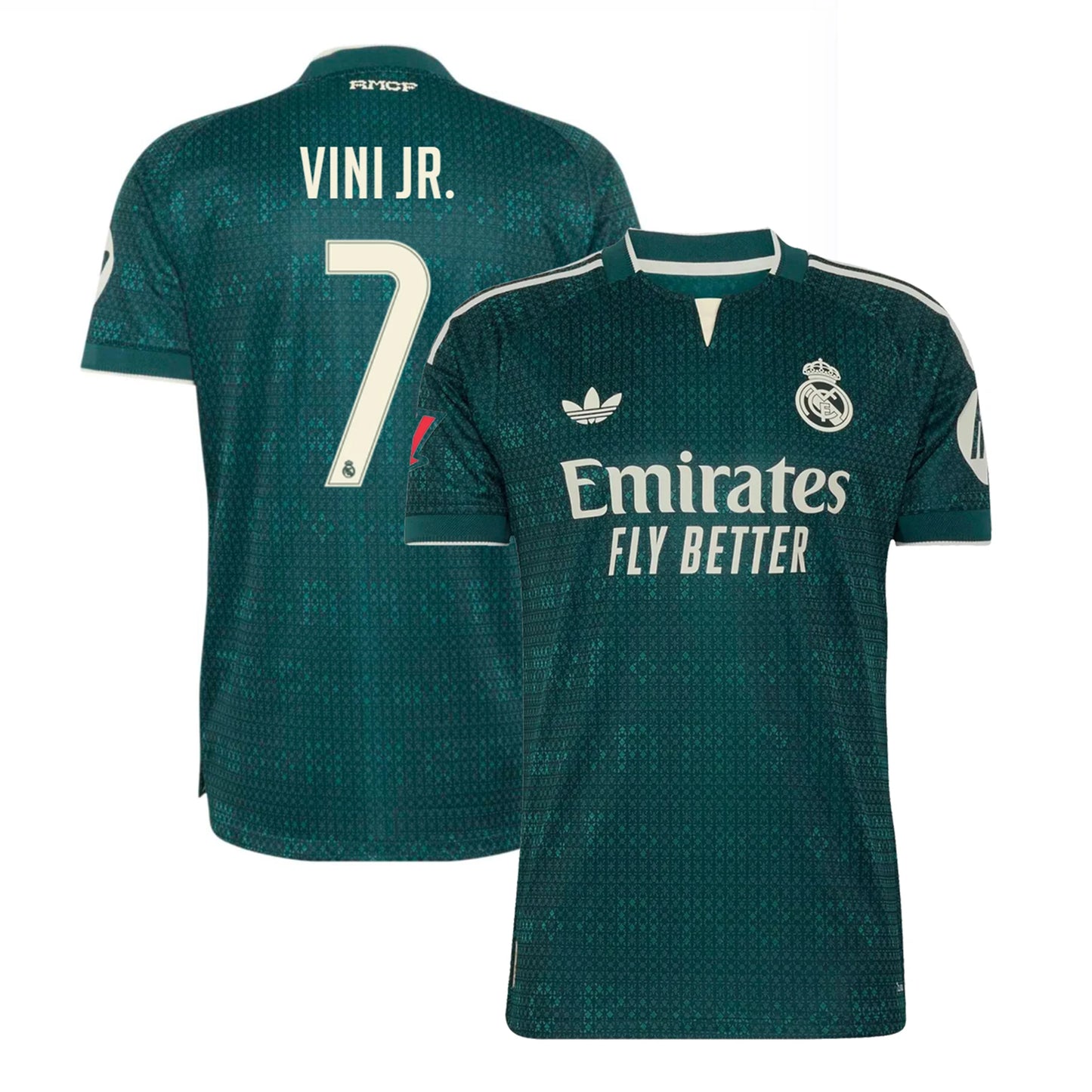 Front and back view of men's Real Madrid 2026-2027 away green on-field authentic jersey featuring Vini Jr. by Final Third Kit