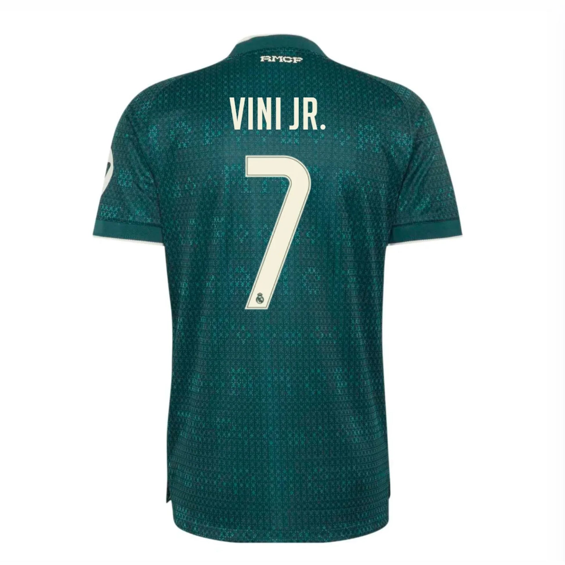 Back view of men's Real Madrid 2026-2027 away green football shirt with Vini Jr. name and number printing by Final Third Kit