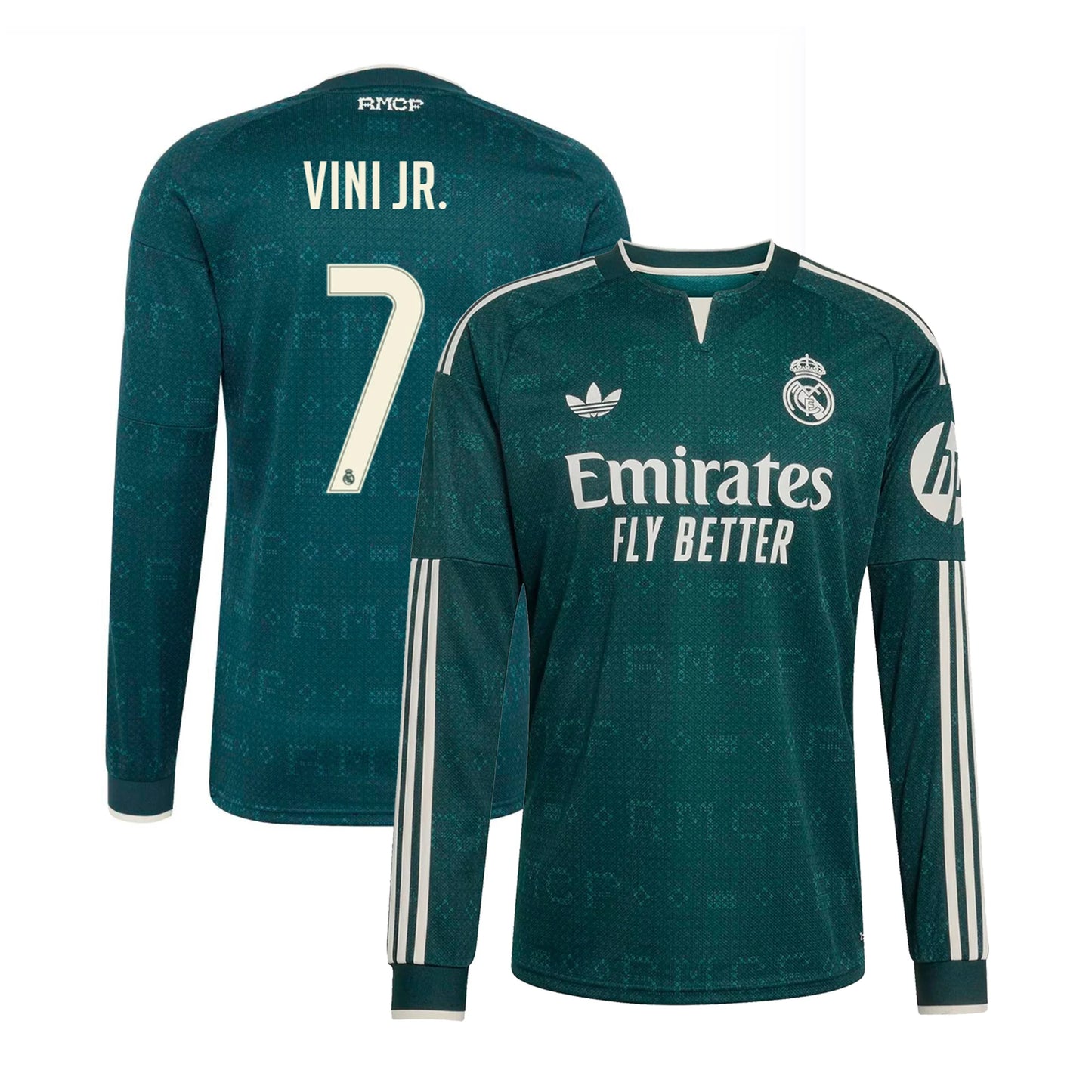 Front and back view of men's Real Madrid 2026-2027 away green replica long sleeve jersey featuring Vini Jr. by Final Third Kit