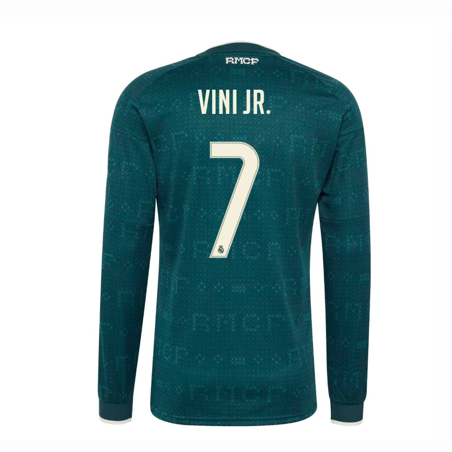 Back view of men's Real Madrid 2026-2027 away green long sleeve football shirt with Vini Jr. name and number printing by Final Third Kit