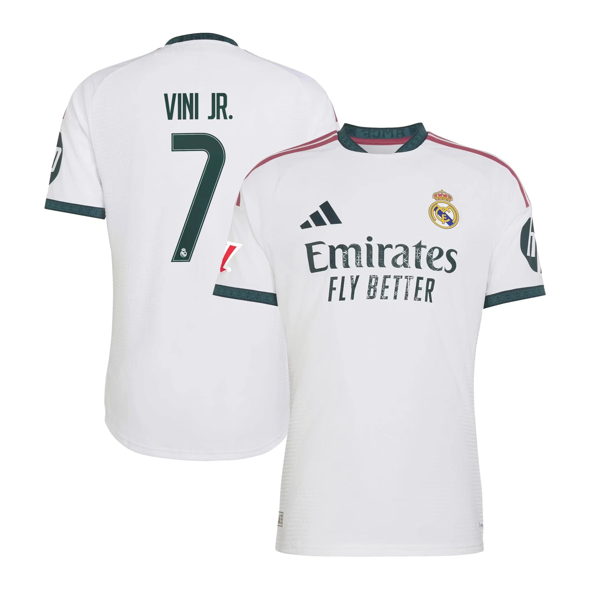 Front and back view of men's Real Madrid 2026-2027 home white on-field authentic jersey featuring Vini Jr. by Final Third Kit