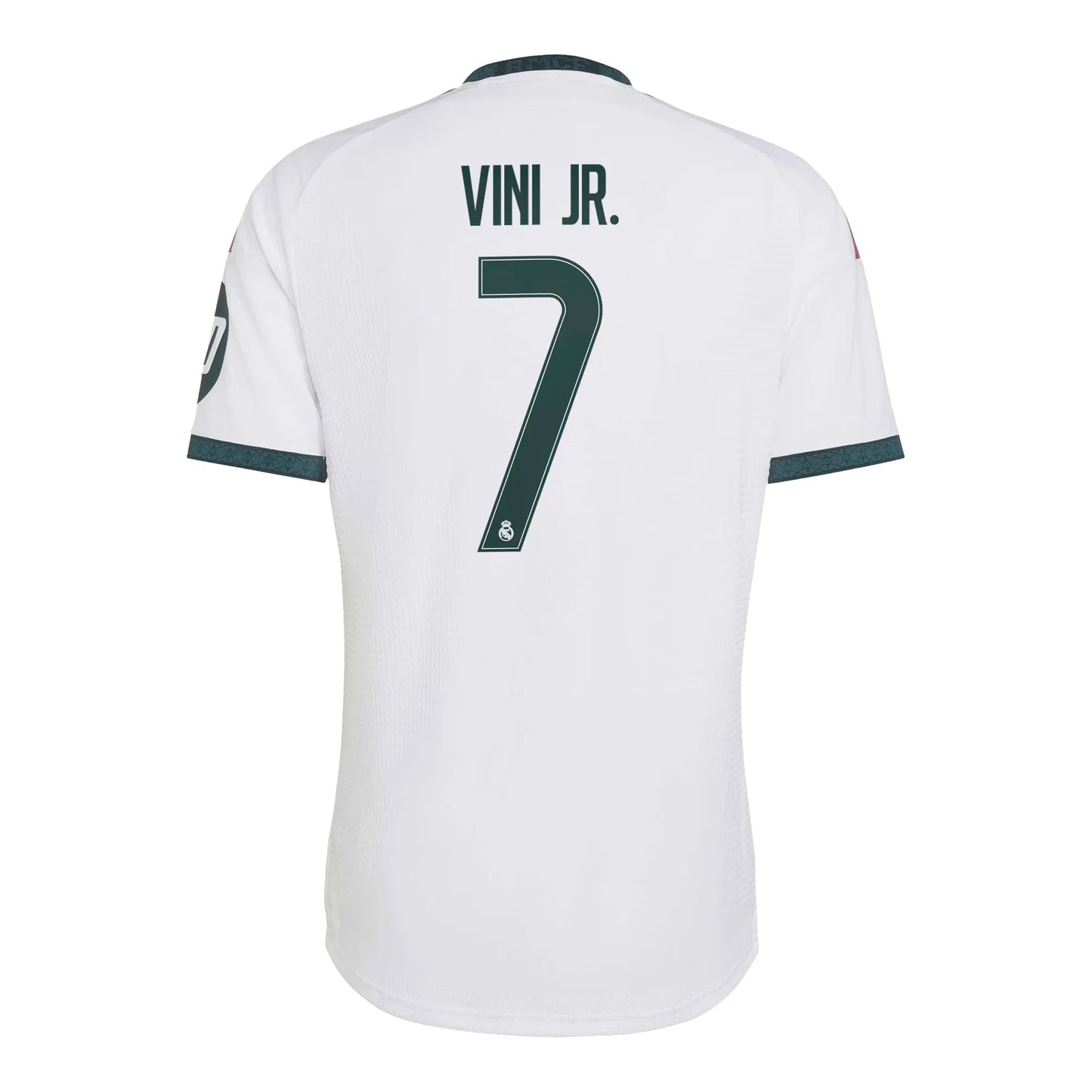 Back view of men's Real Madrid 2026-2027 home white football shirt with Vini Jr. name and number printing by Final Third Kit