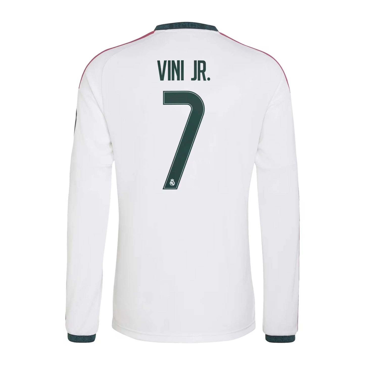 Back view of men's Real Madrid 2026-2027 home white long sleeve football shirt with Vini Jr. name and number printing by Final Third Kit
