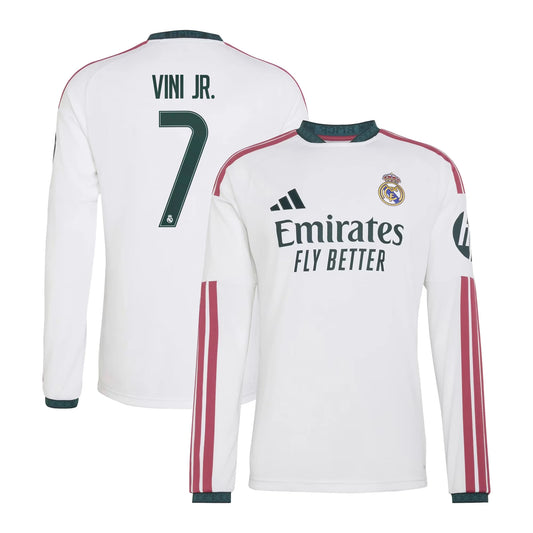 Front and back view of men's Real Madrid 2026-2027 home white replica long sleeve jersey featuring Vini Jr. by Final Third Kit