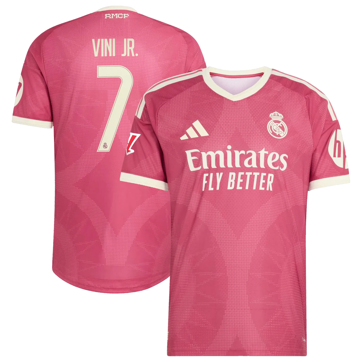 Front and back view of men's Real Madrid 2026-2027 third pink on-field authentic jersey featuring Vini Jr. by Final Third Kit