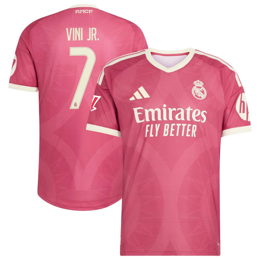 Front and back view of men's Real Madrid 2026-2027 third pink on-field authentic jersey featuring Vini Jr. by Final Third Kit