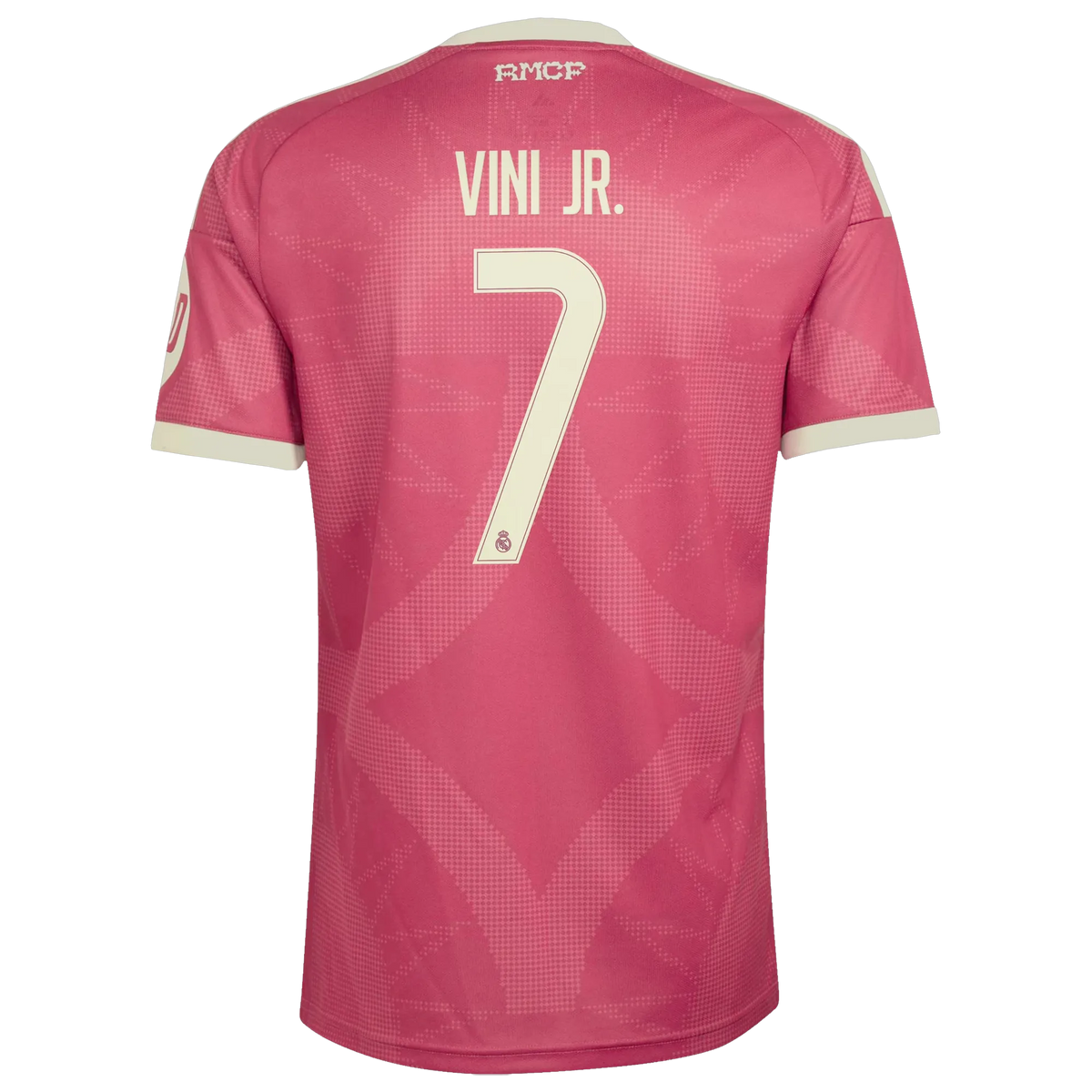 Back view of men's Real Madrid 2026-2027 third pink replica football shirt with Vini Jr. name and number 7 printing by Final Third Kit