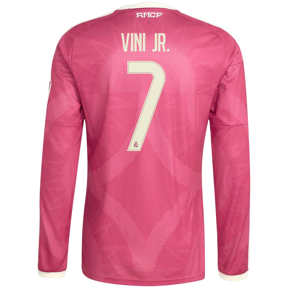 Back view of men's Real Madrid 2026-2027 third pink replica long sleeve football shirt with Vini Jr. name and number 7 printing by Final Third Kit