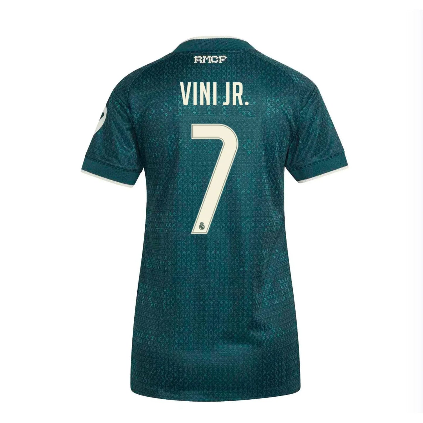 Back view of women's Real Madrid 2026-2027 away green football shirt with Vini Jr. name and number printing by Final Third Kit