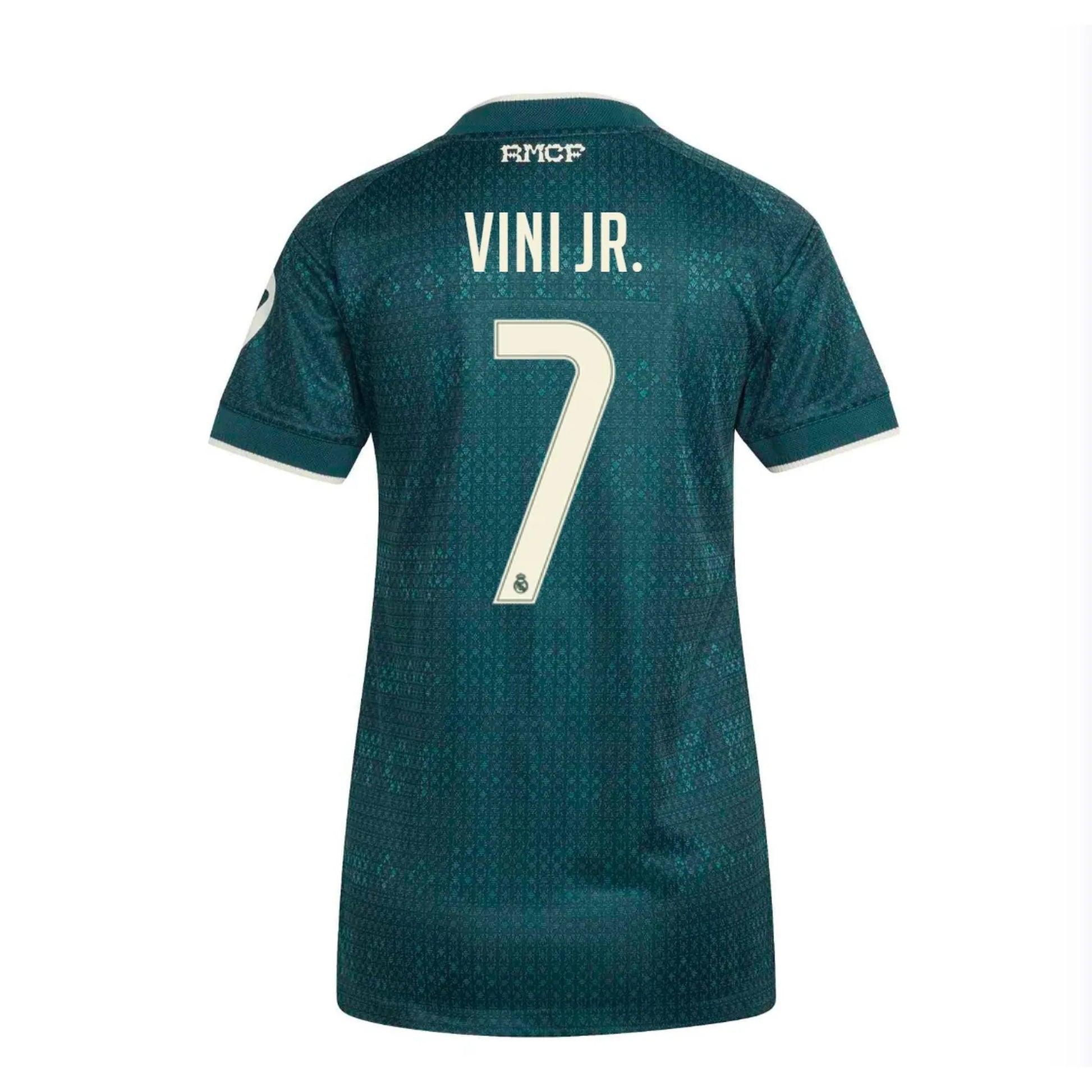 Back view of women's Real Madrid 2026-2027 away green football shirt with Vini Jr. name and number printing by Final Third Kit