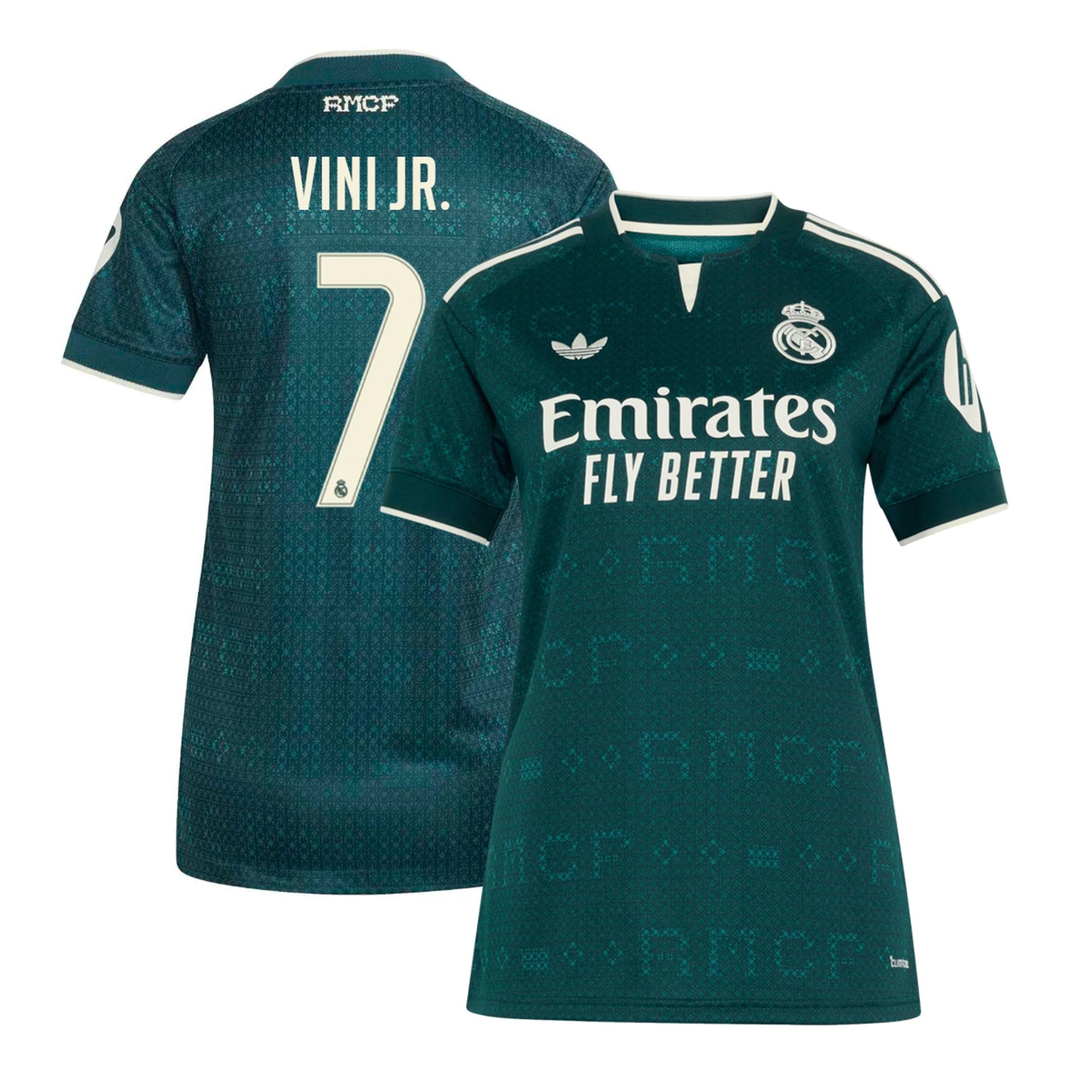 Front and back view of women's Real Madrid 2026-2027 away green replica jersey featuring Vini Jr. by Final Third Kit