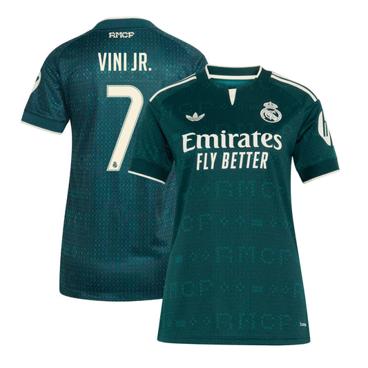 Front and back view of women's Real Madrid 2026-2027 away green replica jersey featuring Vini Jr. by Final Third Kit