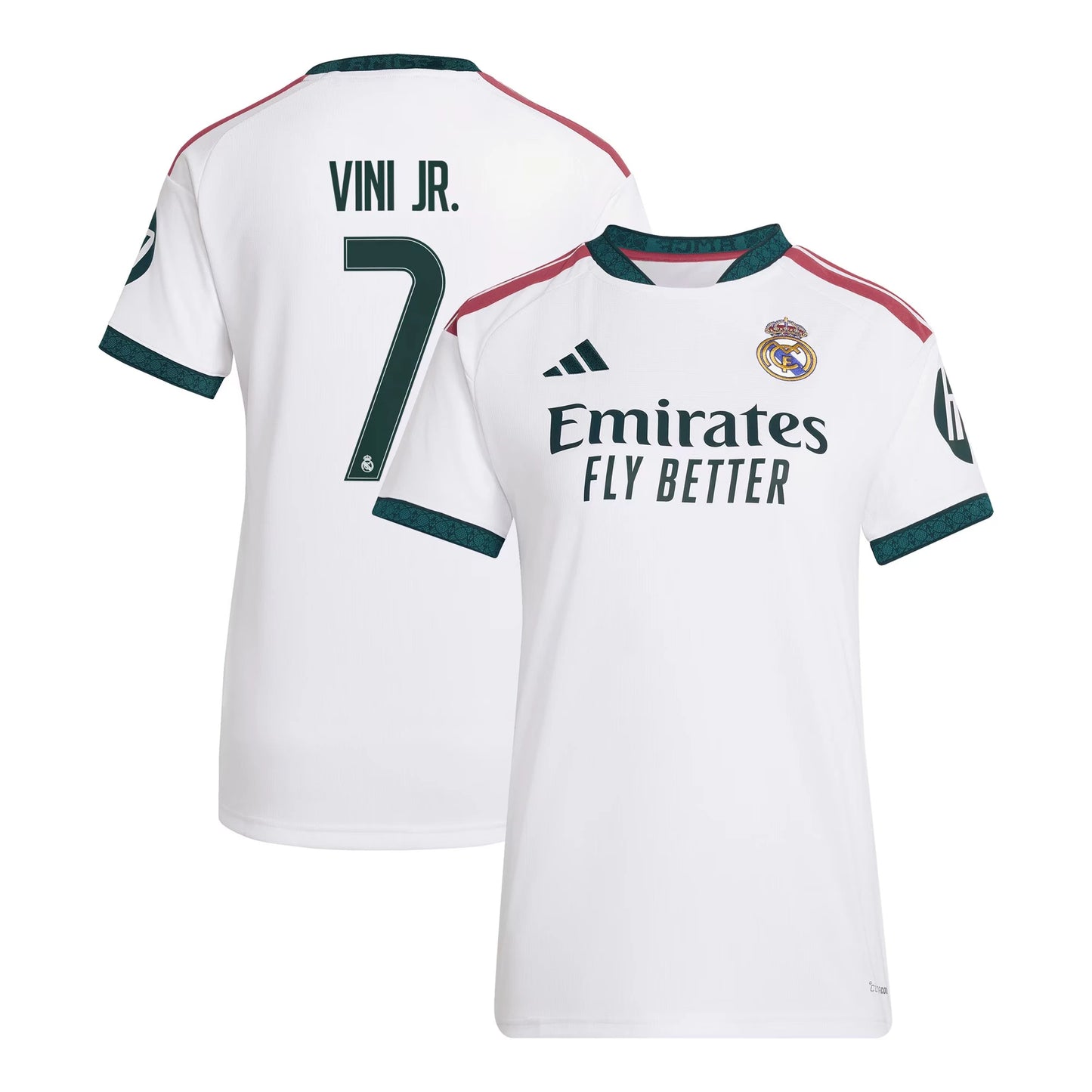 Front and back view of women's Real Madrid 2026-2027 home white replica jersey featuring Vini Jr. by Final Third Kit