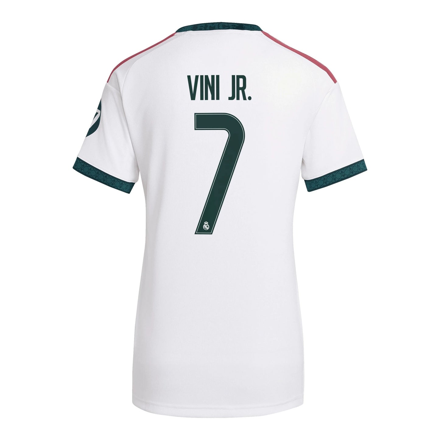 Back view of women's Real Madrid 2026-2027 home white football shirt with Vini Jr. name and number printing by Final Third Kit