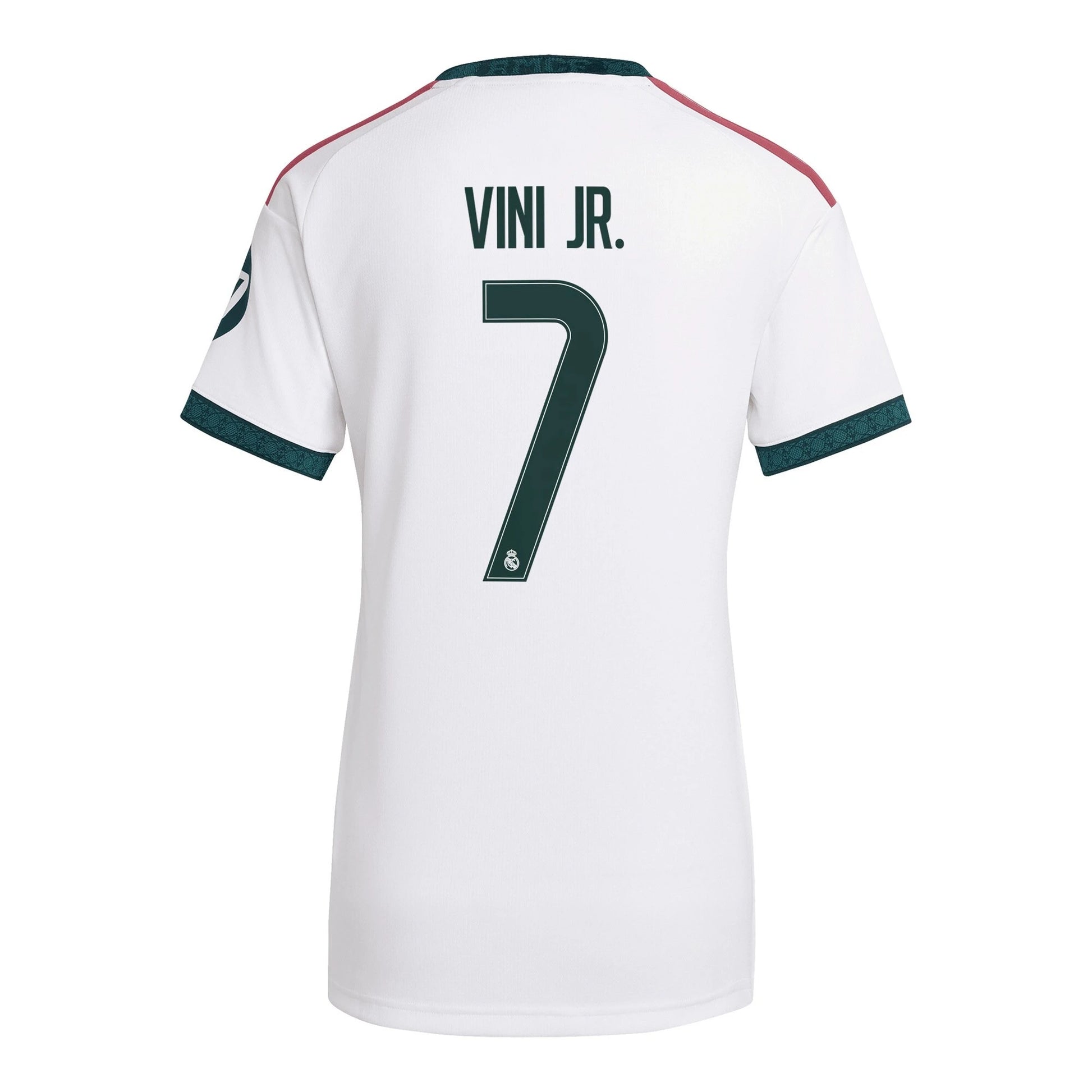 Back view of women's Real Madrid 2026-2027 home white football shirt with Vini Jr. name and number printing by Final Third Kit