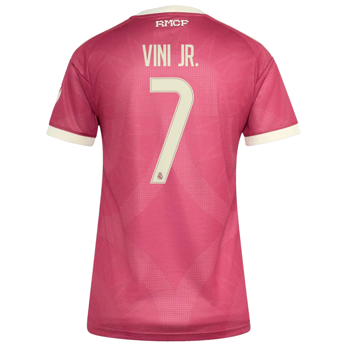 Back view of women's Real Madrid 2026-2027 third pink replica football shirt with Vini Jr. name and number 7 printing by Final Third Kit