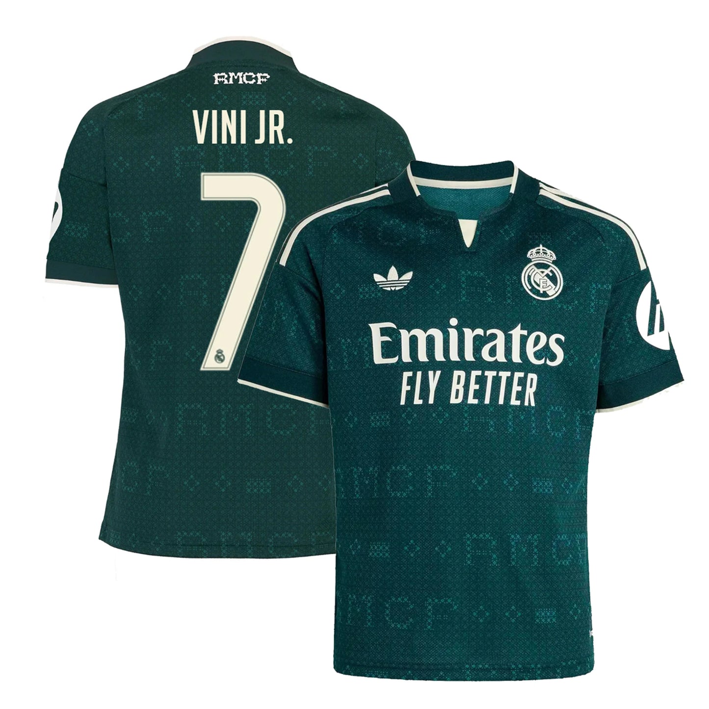 Front and back view of youth Real Madrid 2026-2027 away green replica jersey featuring Vini Jr. by Final Third Kit
