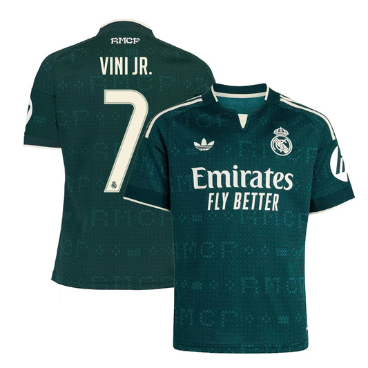 Front and back view of youth Real Madrid 2026-2027 away green replica jersey featuring Vini Jr. by Final Third Kit