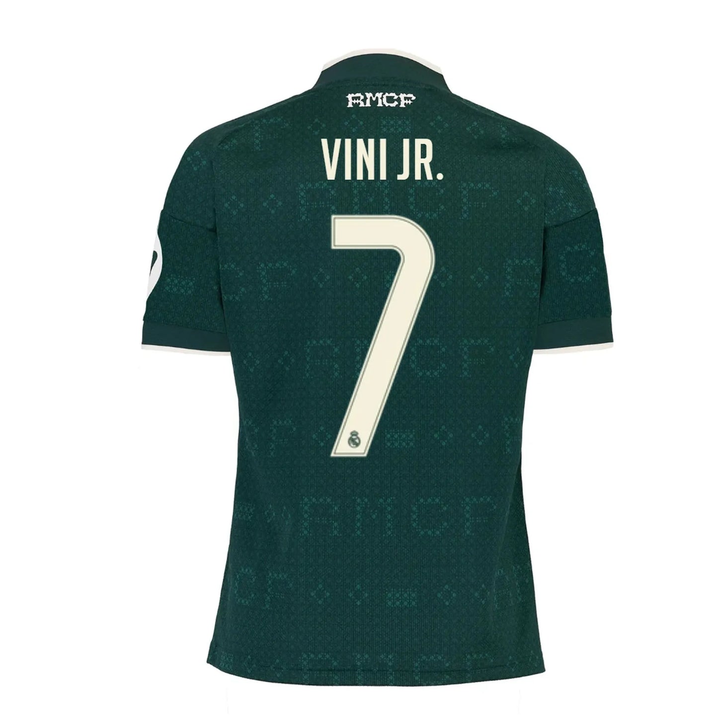 Back view of youth Real Madrid 2026-2027 away green football shirt with Vini Jr. name and number printing by Final Third Kit