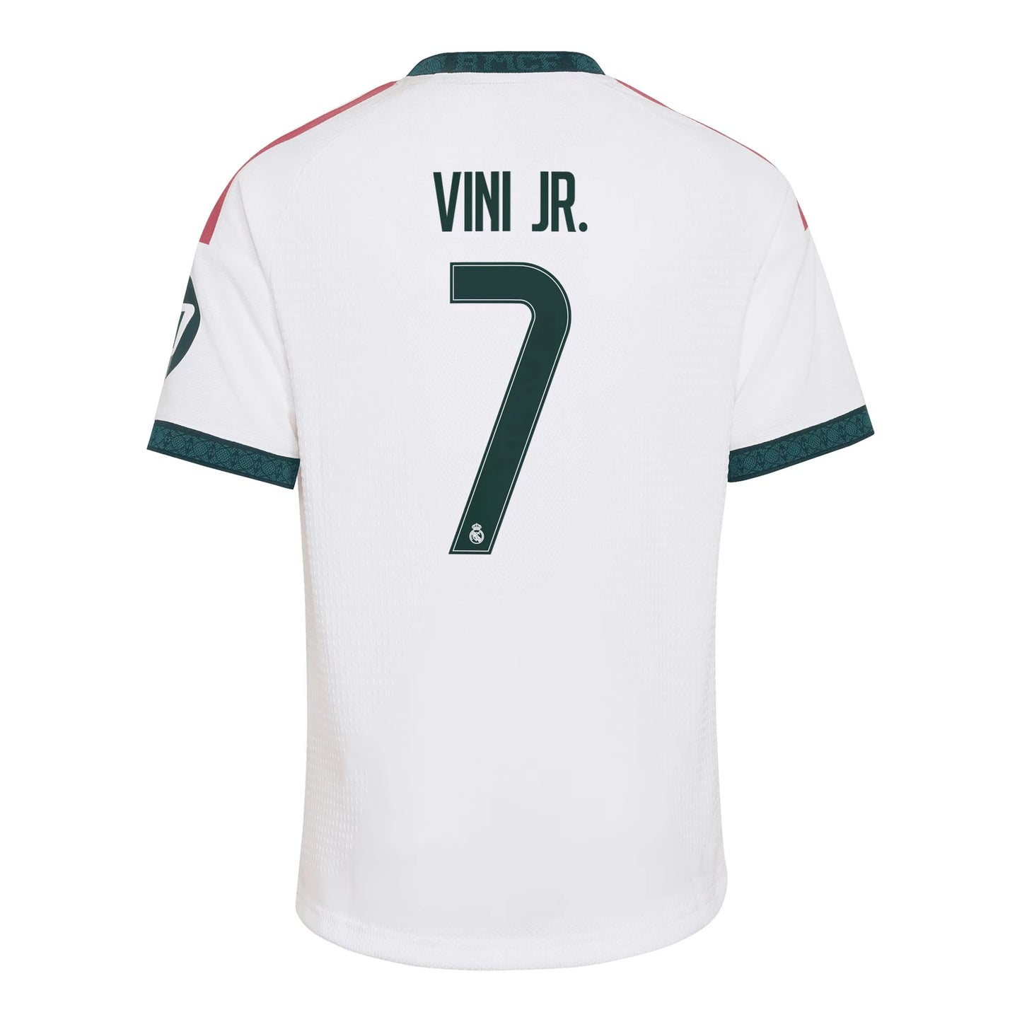 Back view of youth Real Madrid 2026-2027 home white football shirt with Vini Jr. name and number printing by Final Third Kit
