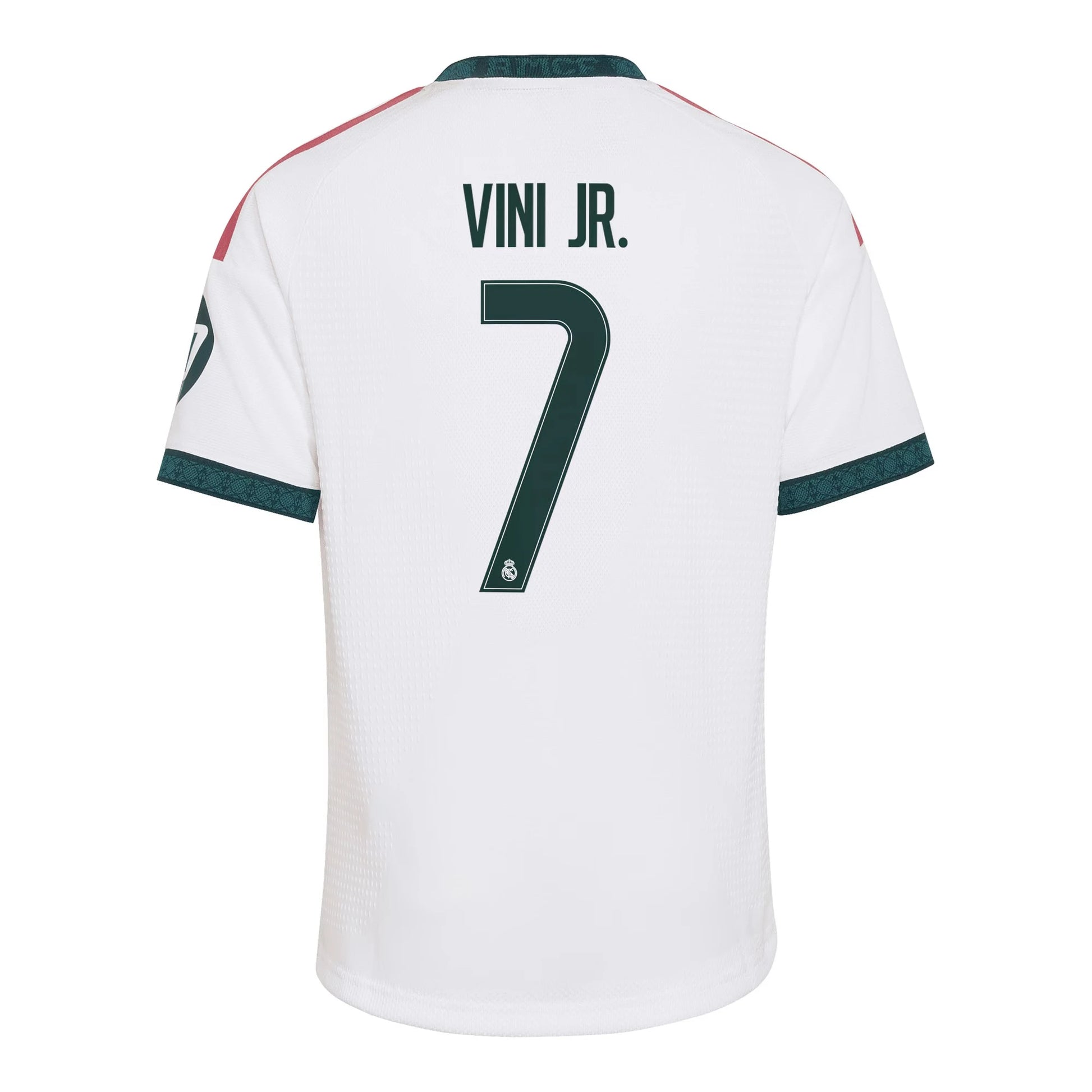 Back view of youth Real Madrid 2026-2027 home white football shirt with Vini Jr. name and number printing by Final Third Kit