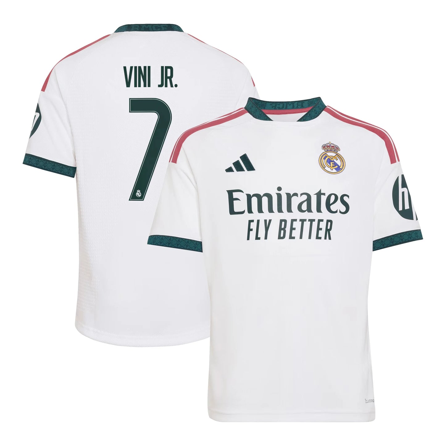 Front and back view of youth Real Madrid 2026-2027 home white replica jersey featuring Vini Jr. by Final Third Kit
