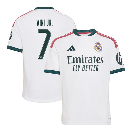 Front and back view of youth Real Madrid 2026-2027 home white replica jersey featuring Vini Jr. by Final Third Kit