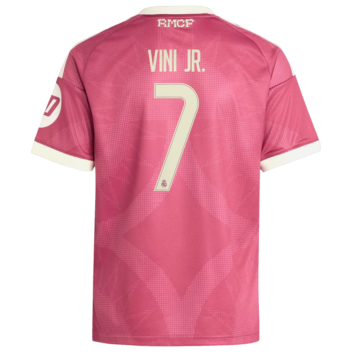 Back view of youth Real Madrid 2026-2027 third pink replica football shirt with Vini Jr. name and number 7 printing by Final Third Kit