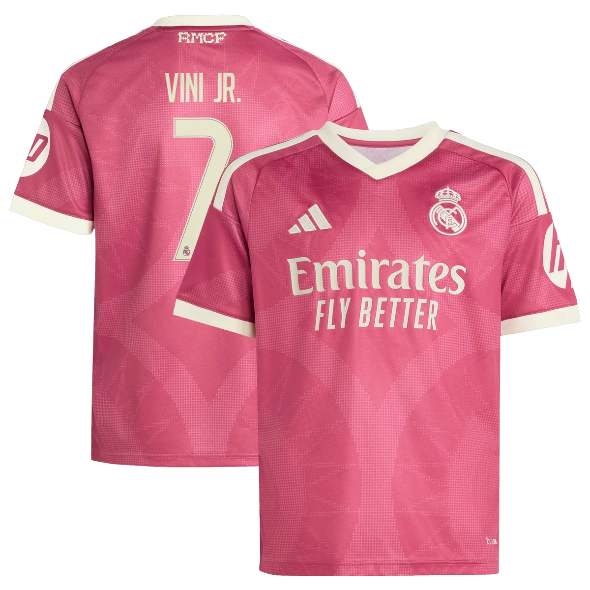 Front and back view of youth Real Madrid 2026-2027 third pink replica jersey featuring Vini Jr. by Final Third Kit
