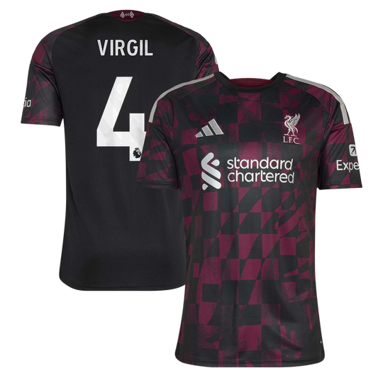 Front and back view of Liverpool 2026-2027 third black replica jersey featuring Virgil van Dijk by Final Third Kit