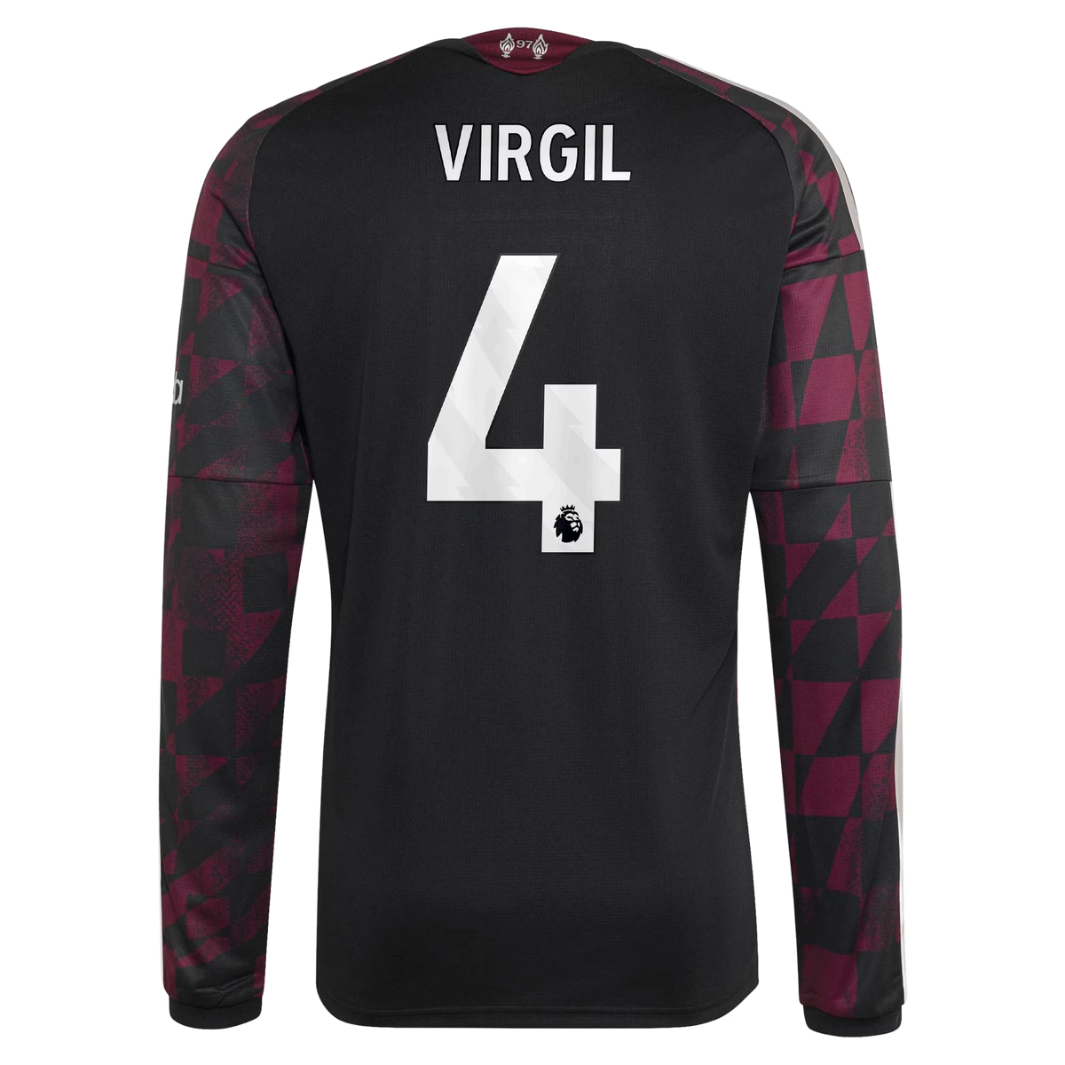 Back view of Liverpool 2026-2027 third black replica long sleeve football shirt with Virgil van Dijk name and number 4 printing by Final Third Kit