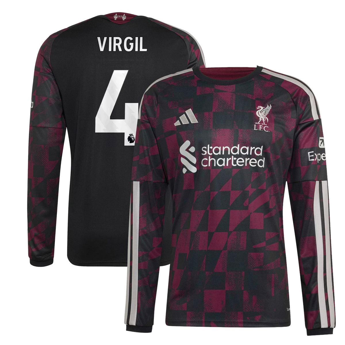 Front and back view of Liverpool 2026-2027 third black replica long sleeve jersey featuring Virgil van Dijk by Final Third Kit
