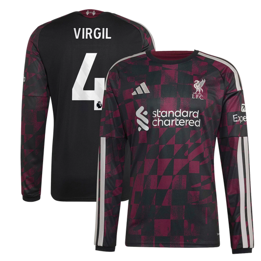 Front and back view of Liverpool 2026-2027 third black replica long sleeve jersey featuring Virgil van Dijk by Final Third Kit