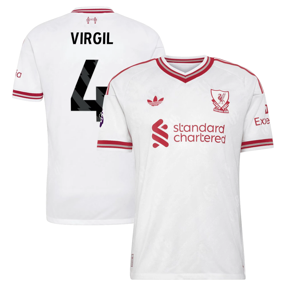 Front and back view of men's Liverpool 2026-2027 away white on-field authentic jersey featuring Virgil van Dijk by Final Third Kit