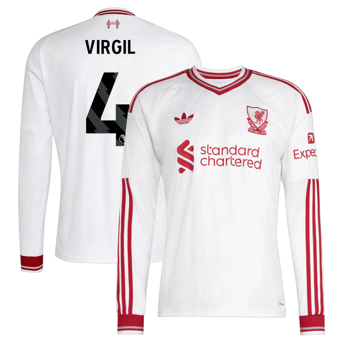 Front and back view of men's Liverpool 2026-2027 away white replica long sleeve jersey featuring Virgil van Dijk by Final Third Kit