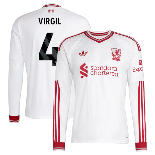 Front and back view of men's Liverpool 2026-2027 away white replica long sleeve jersey featuring Virgil van Dijk by Final Third Kit