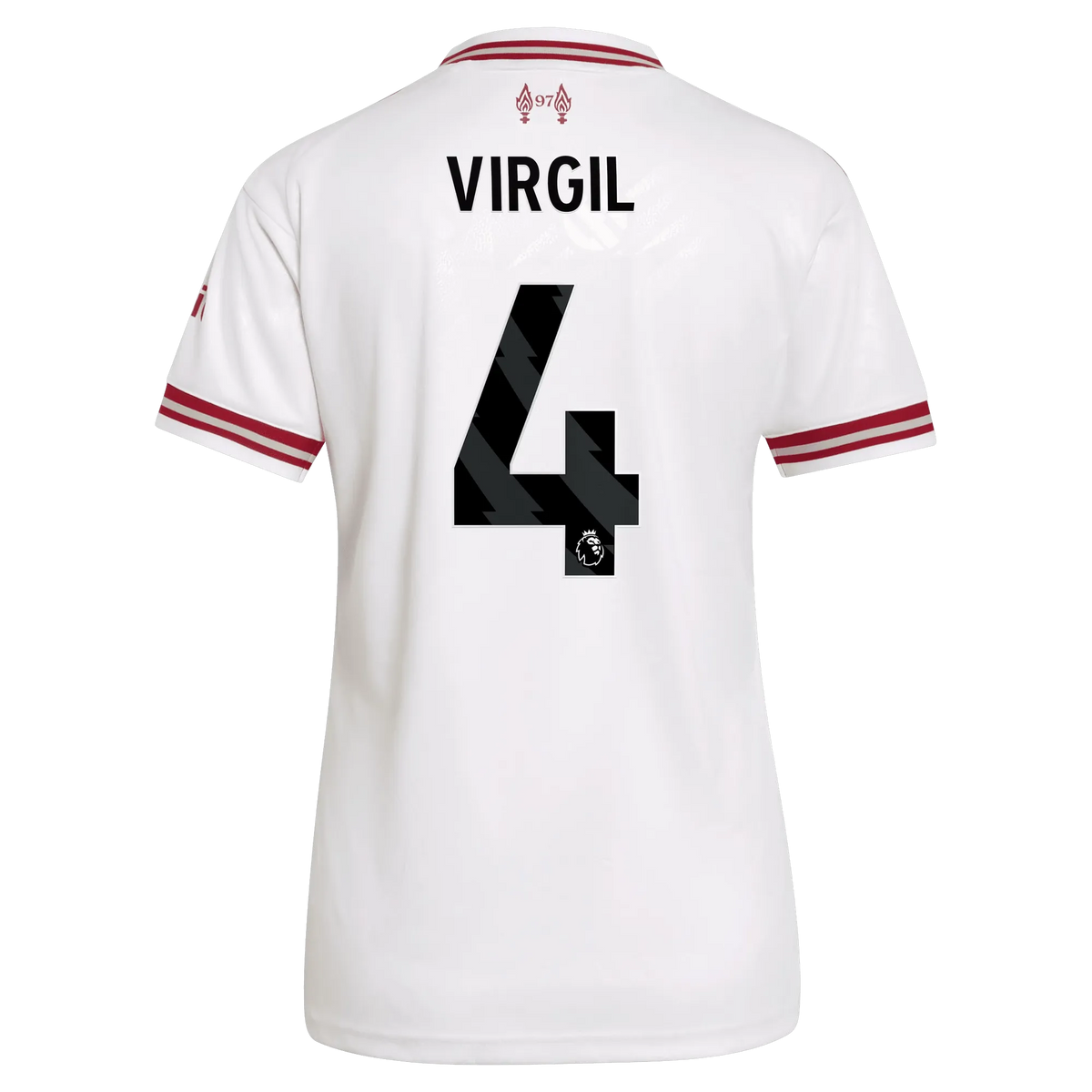 Back view of women's Liverpool 2026-2027 away white replica football shirt with Virgil van Dijk name and number 4 printing by Final Third Kit