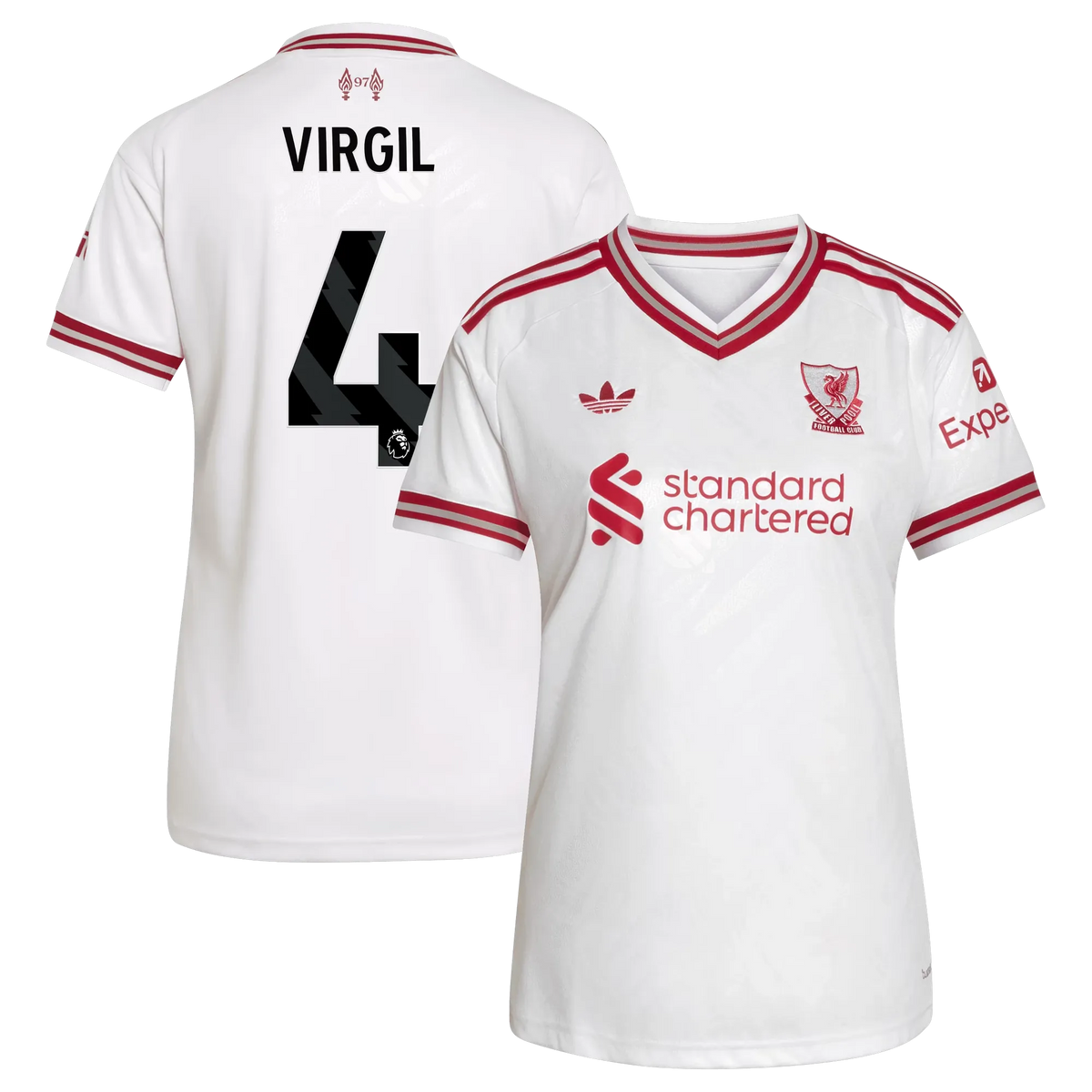 Front and back view of women's Liverpool 2026-2027 away white replica jersey featuring Virgil van Dijk by Final Third Kit