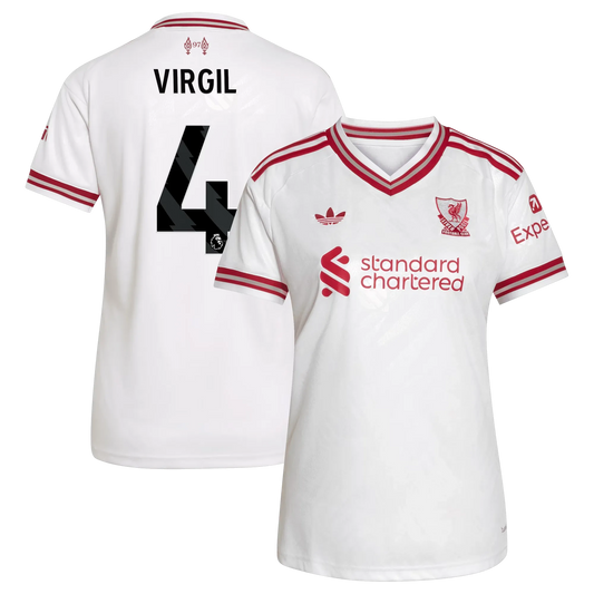 Front and back view of women's Liverpool 2026-2027 away white replica jersey featuring Virgil van Dijk by Final Third Kit
