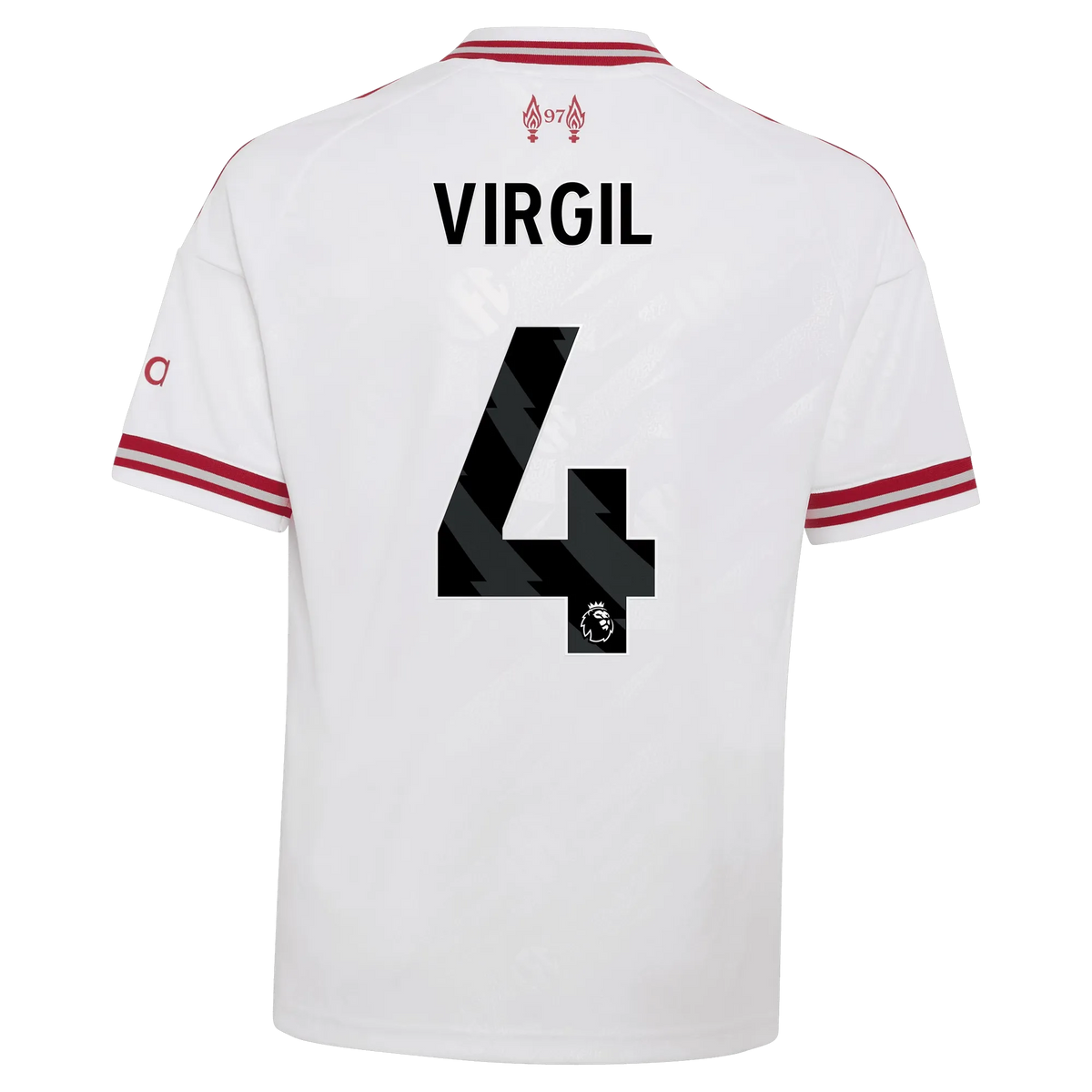 Back view of youth Liverpool 2026-2027 away white replica football shirt with Virgil van Dijk name and number 4 printing by Final Third Kit