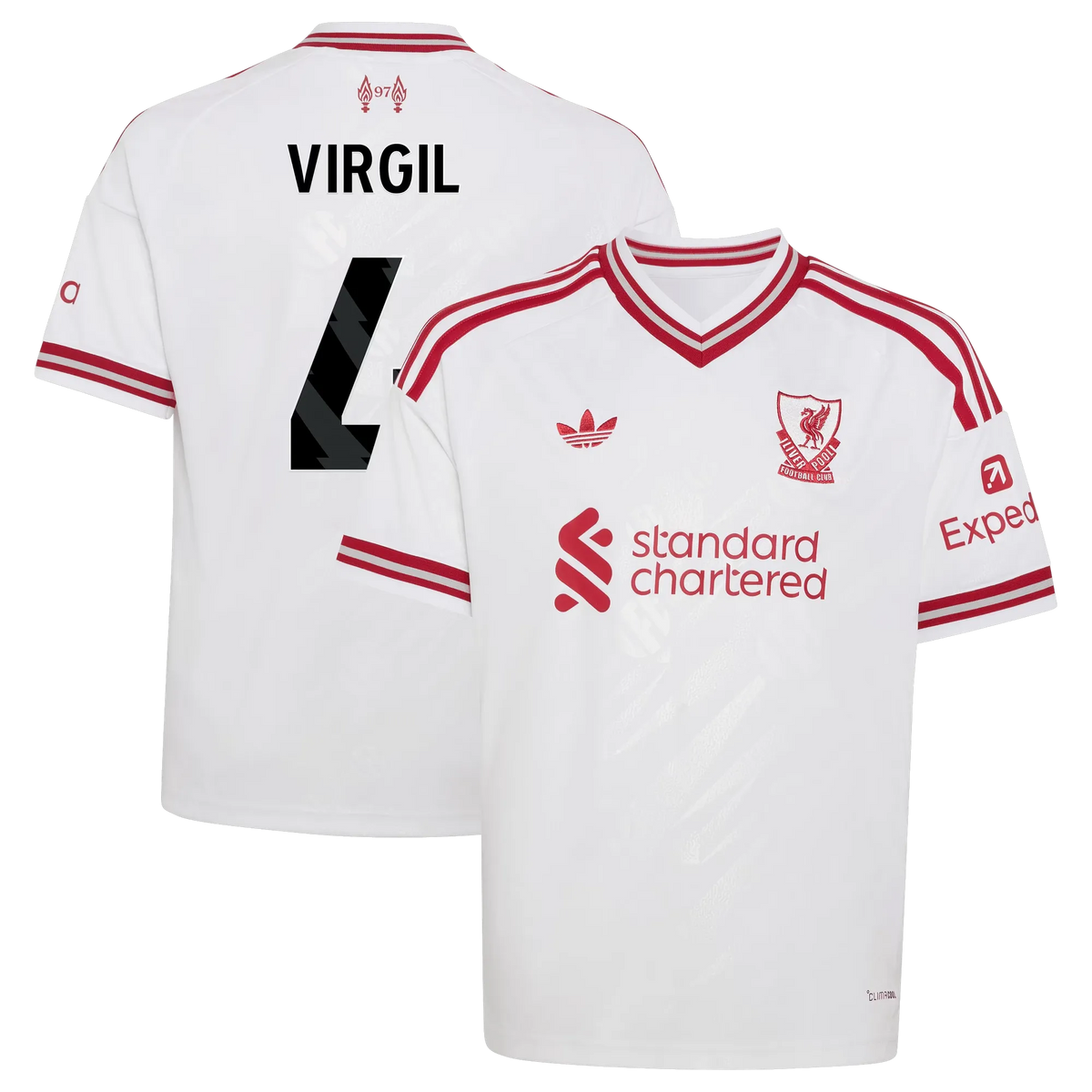 Front and back view of youth Liverpool 2026-2027 away white replica jersey featuring Virgil van Dijk by Final Third Kit