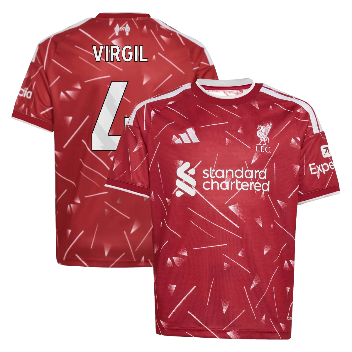 Front and back view of youth Liverpool 2026-2027 home red replica jersey featuring Virgil van Dijk by Final Third Kit