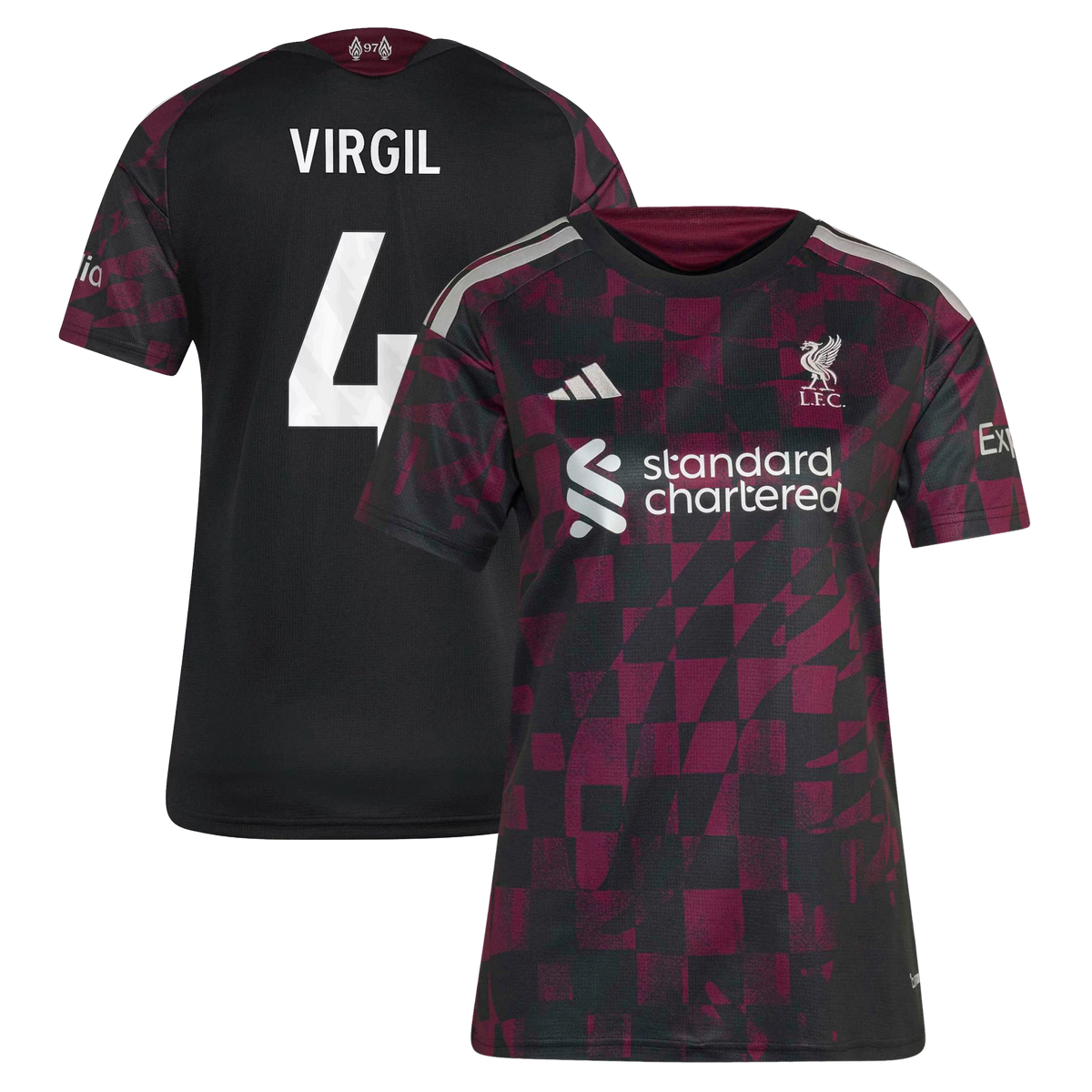Front and back view of women's Liverpool 2026-2027 third black replica jersey featuring Virgil van Dijk by Final Third Kit