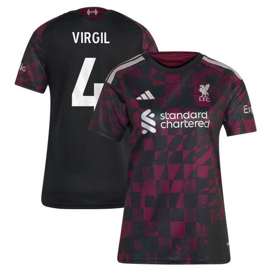 Front and back view of women's Liverpool 2026-2027 third black replica jersey featuring Virgil van Dijk by Final Third Kit