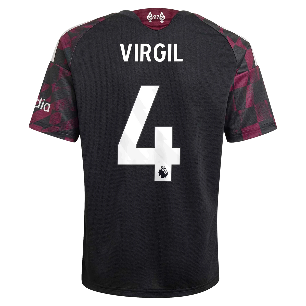 Back view of youth Liverpool 2026-2027 third black replica football shirt with Virgil van Dijk name and number 4 printing by Final Third Kit